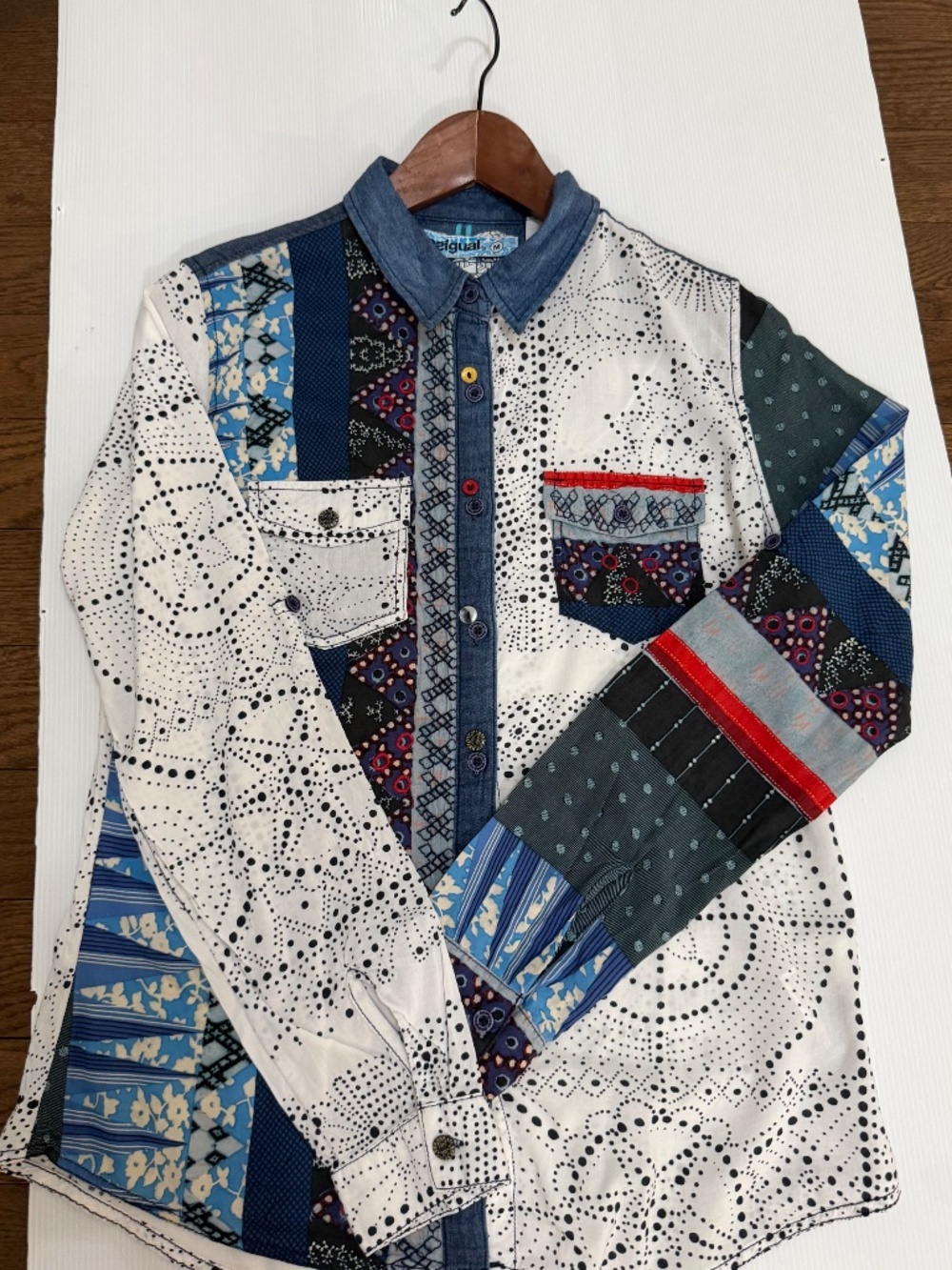 Desigual CAM_MARTE Patchwork Button Down Shirt Women’s M Multi-Pattern Cotton - Picture 9 of 15